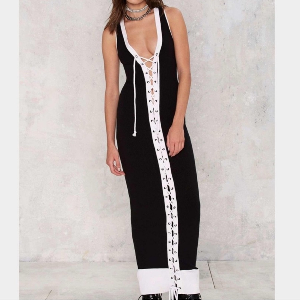 Fenty by Puma Lacing Ribbed Midi Dress in Black & White - 076 - Picture 2 of 8